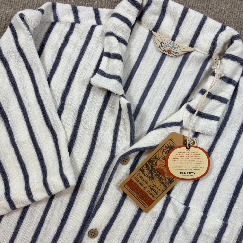 Faherty Ivory Navy Striped Cabana Towel Terry Shirt Men's Size XL NWT